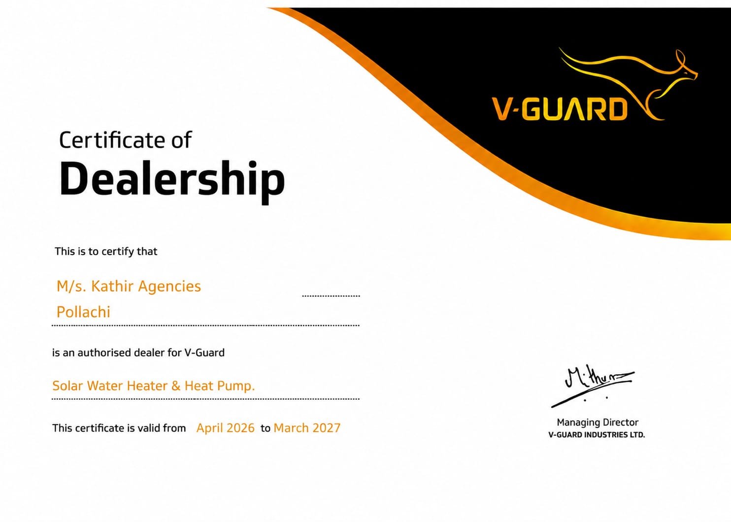 Authorized Dealer Certificate